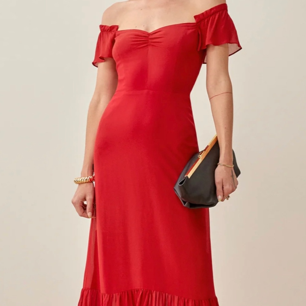 Reformation Red Off-Shoulder Midi Dress